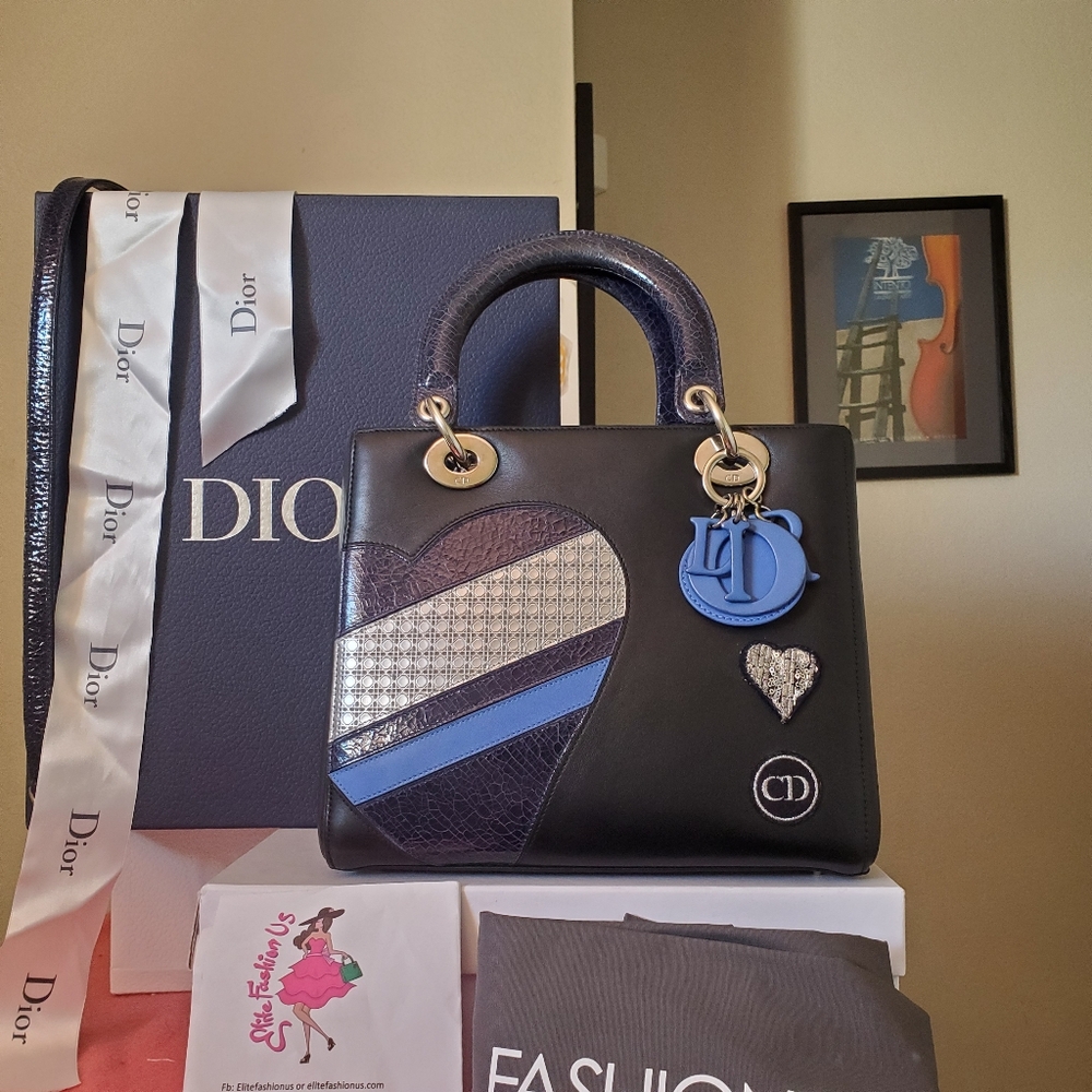 Lady Dior heart decor black blue medium bag